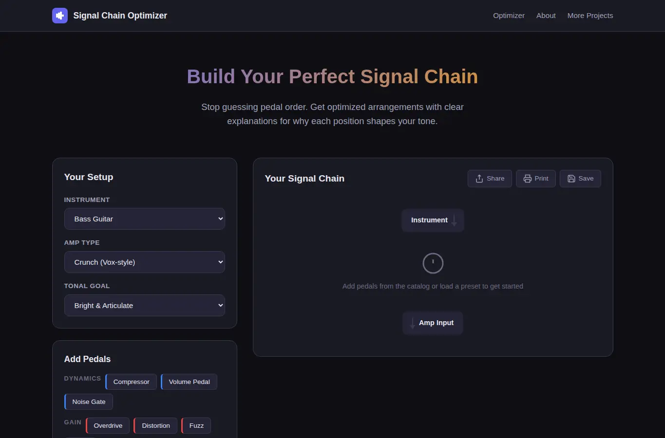 Screenshot of DIY Instrument Pedal Signal Chain Optimizer interface showing the project page in use